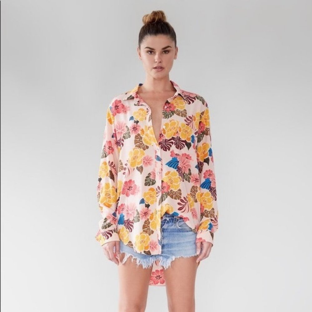 Acacia pink floral long sleeve button down top